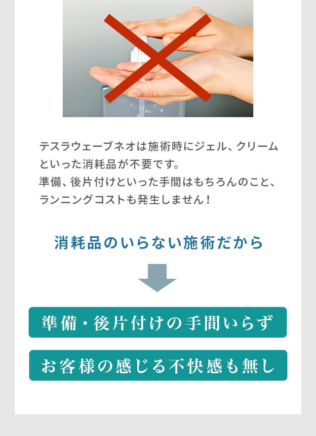 消耗品のいらない施術だから⇒準備・後片付けの手間いらず・お客様の感じる不快感も無し