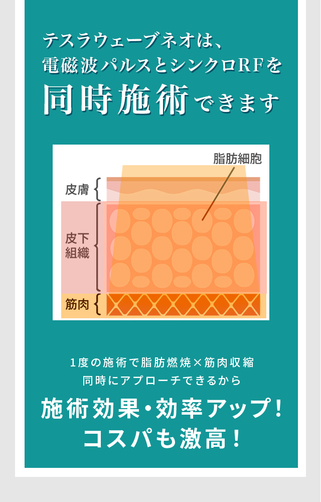 電磁波パルスとシンクロRFを同時施術できます 施術効果・効率アップ！コスパも激高！